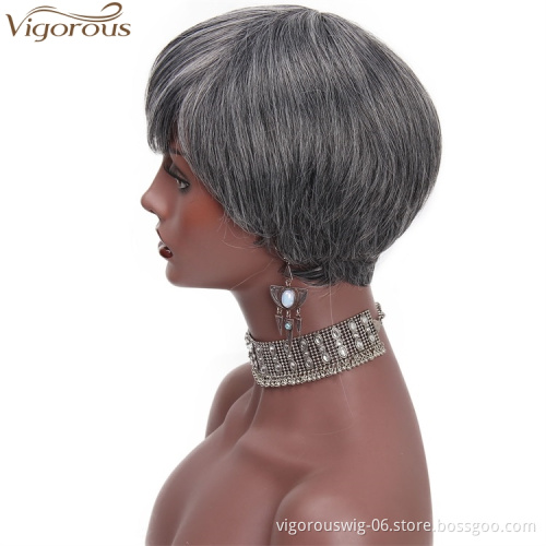 Vigorous Dark Grey Short Straight Hair Wigs with Inclined Bangs Synthetic Heat Resistant Fiber Black Gray Women Hair Wigs